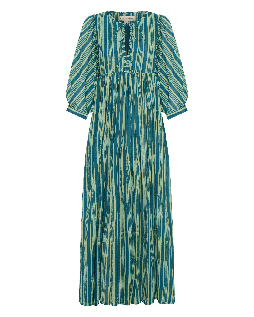 Flat lay of the Daughters of India Kyra Maxi Dress in Spearmint, a green and white striped cotton maxi dress with billowed sleeves and button neckline detail