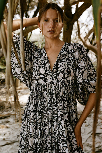 Daughters of India Kyra Midi Dress in Pepper — front view with cream floral print, screen print cotton