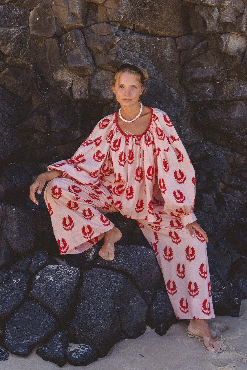 Ria Blouse Cherry Blossom — close-up neckline and tie detail, cherry blossom pink floral hand block print cotton fabric, artisan handcrafted India | Daughters of India