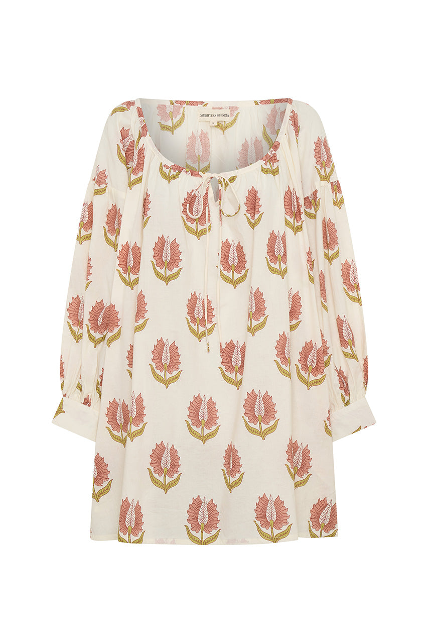 Ria Mini Dress Strawberry Cream — ghost mannequin front view on white background, strawberry cream hand block print cotton mini dress with pink floral botanical motif, artisan Jaipur India | Daughters of India