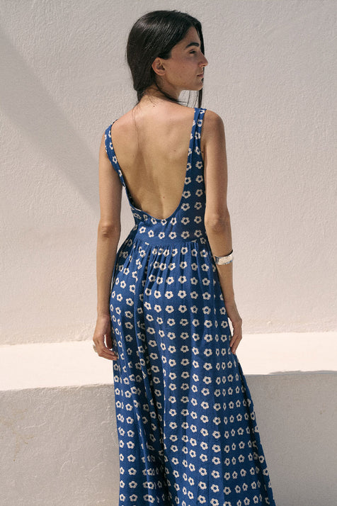Veda Dress Indigo — studio back view, model showing open low back detail of indigo hand block print linen blend midi dress with botanical motif, minimal white background, artisan Jaipur India | Daughters of India